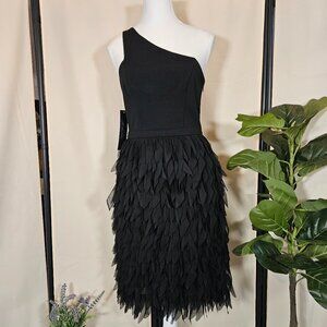 Aidan by Adrianna Papell Black Chiffon Feather Cocktail Dress Size 2